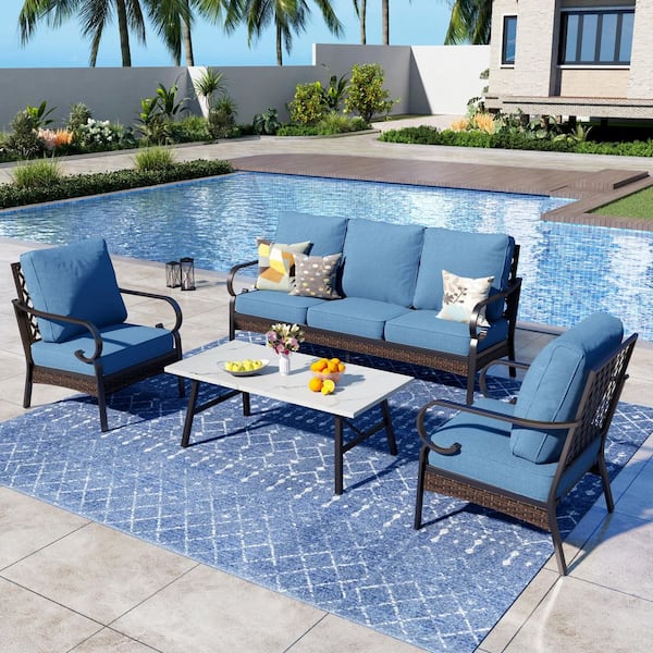 PHI VILLA 4-Piece Black Metal Outdoor Patio Conversation Sectional Seating Set with Marbling Coffee Table and Denim Blue Cushions