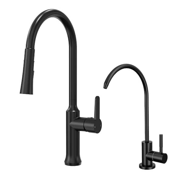 18.5 in. H Spout 360 Swivel Single Handle Pull Out 2-Sprayer Kitchen Faucet with Beverage Faucet in Matte Black