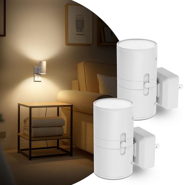 1-Light Modern White Cylinder Plug-In Night Light with Dusk to Dawn Sensor - Dimmable 3000K for Hallway Bedroom (4-Pack)