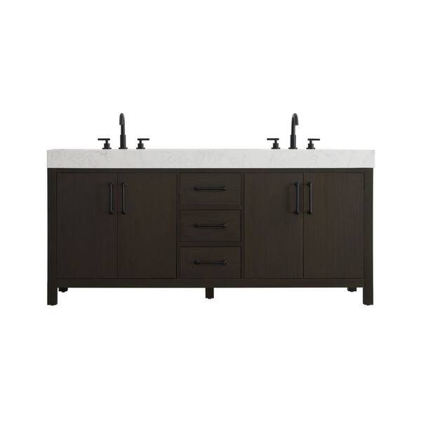 72 in. Double Sink Mocha Brown Bath Vanity with White Engineered Marble Top