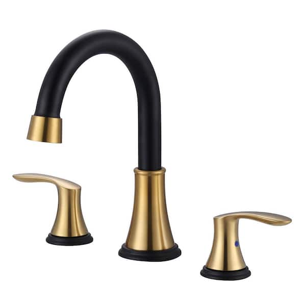 8 in. Widespread Double Handle Bathroom Faucet with Pop up Sink Drain and Corrosion Resistant in Black and Gold