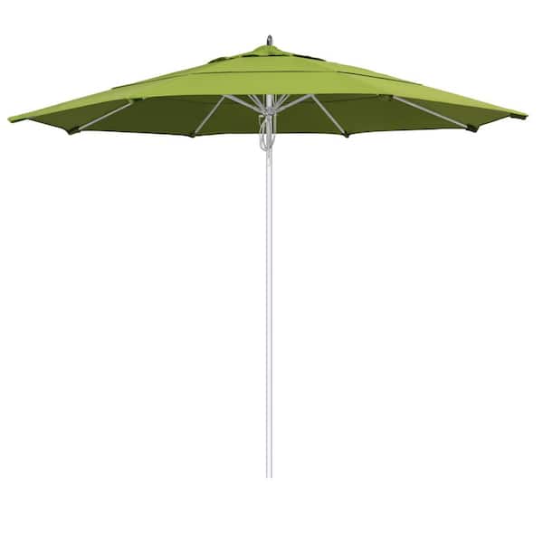 California Umbrella 11 ft. Silver Aluminum Commercial Market Patio Umbrella Fiberglass Ribs and Pulley lift in Macaw Sunbrella