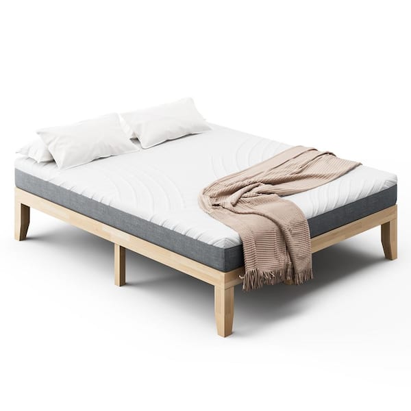 Costway Natural Brown Wood Frame Queen Platform Bed with 8 in. Memory Foam Mattress Set CertiPUR-US Certified
