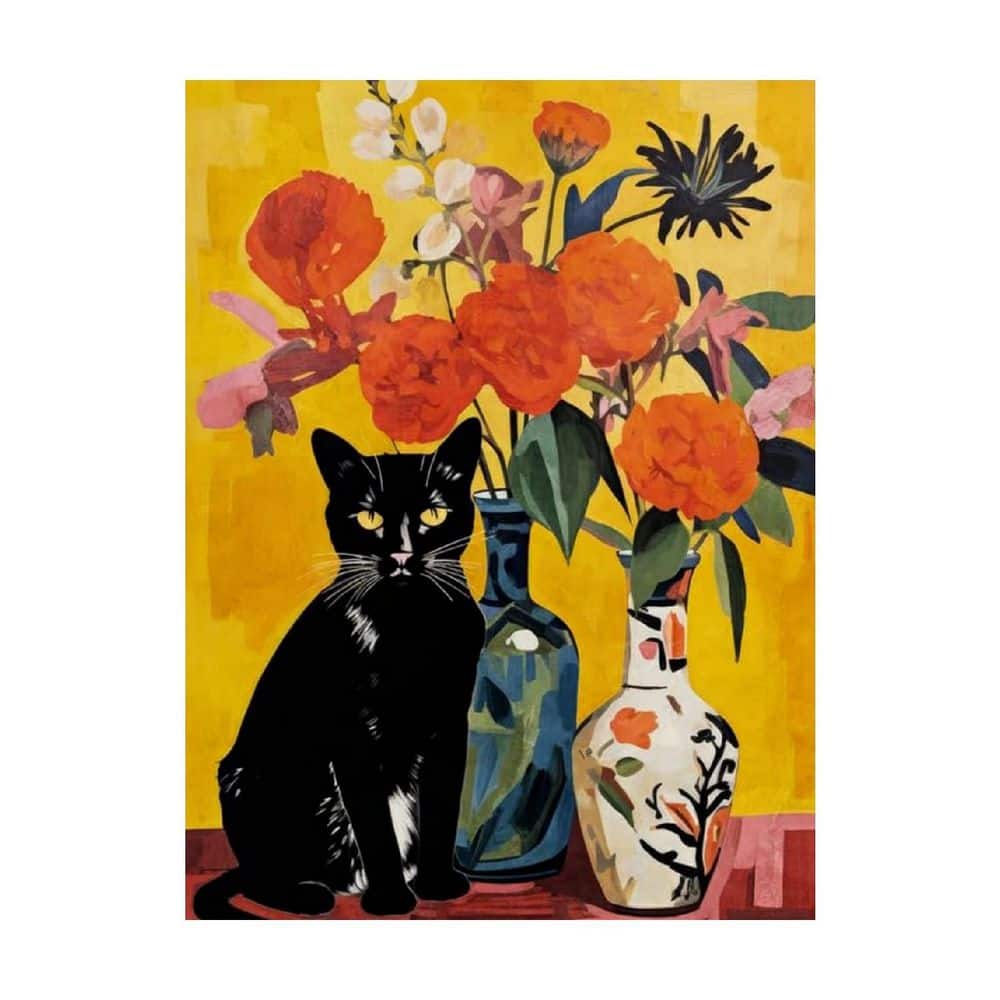 Orange Vintage Black Cat Flower Unframed Canvas Art Print 16 in. x 12 in.