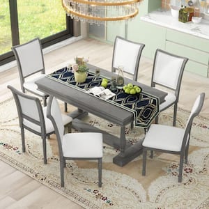 7 Piece Gray Rectangle Wood Dining Set with 6 Ergonomic-designed Upholstered Chairs
