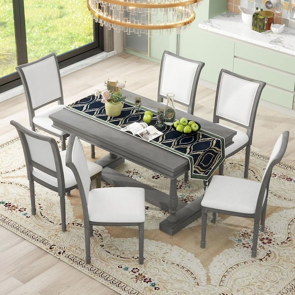 Harper & Bright Designs 7 Piece Gray Rectangle Wood Dining Set with 6 Ergonomic-designed Upholstered Chairs
