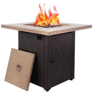 28 in. W x 24 in. H Outdoor Metal Square Propane Fire Pit Wood Brushed Table