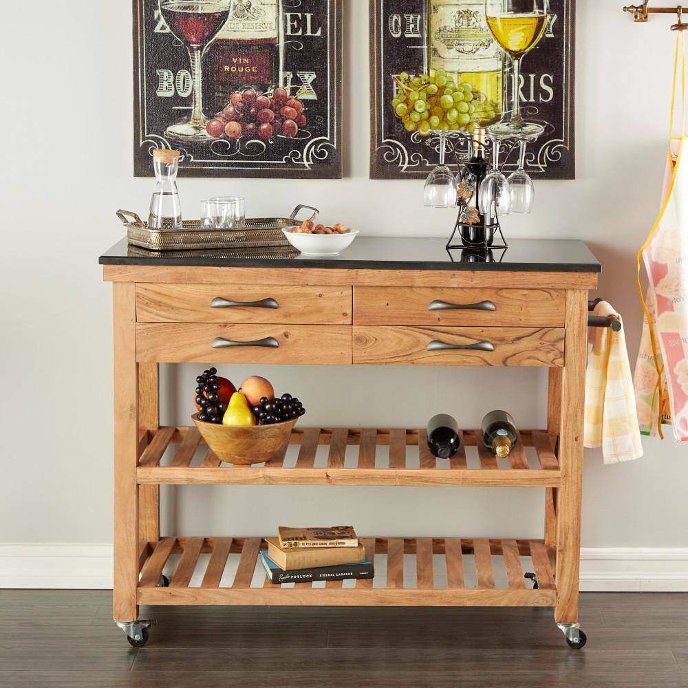 Brown Wood Kitchen Cart with Marble Top and Storage