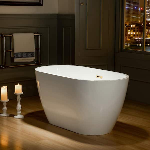 48 in. Acrylic Flatbottom Bathtub in White with Brushed Gold Drain and Overflow