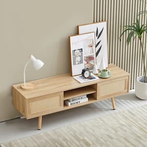 55.12 in. Rattan Storage Wooden TV Cabinet Console Table with Sliding Doors, Adjustable Shelf for Living Room
