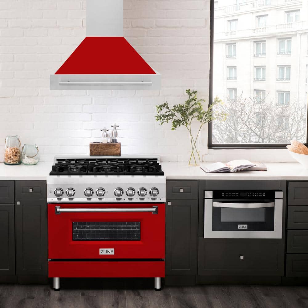 36" Red Matte Stainless Steel Wall Mount Range Hood