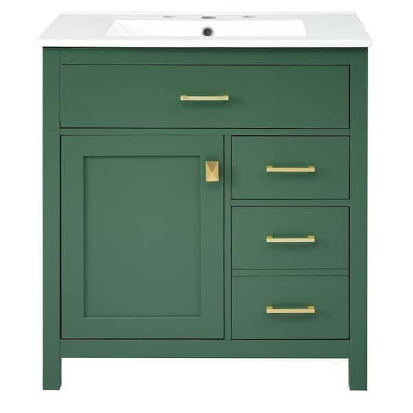 Lycvki 30 in. W Freestanding Bathroom Vanity in Green with White Ceramic Top and Ample Storage