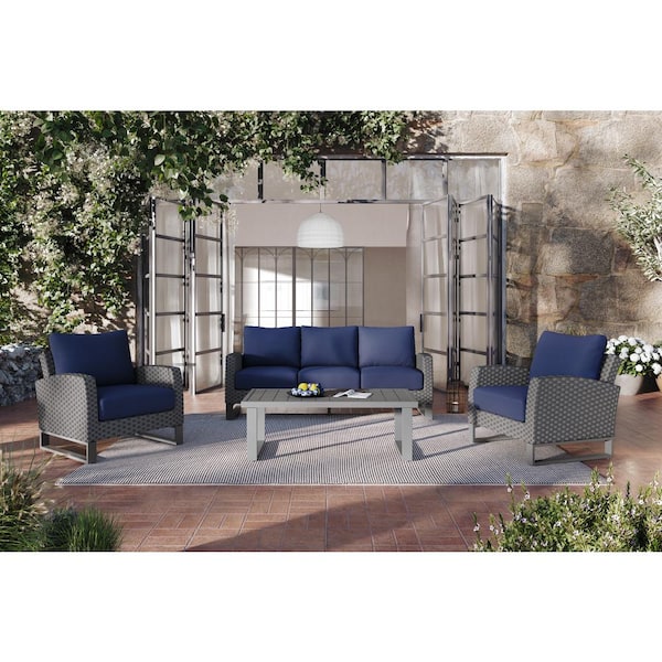 NEW CLASSIC HOME FURNISHINGS New Classic Furniture Fiji 4-Piece Wicker Patio Conversation Set with Blue Cushions