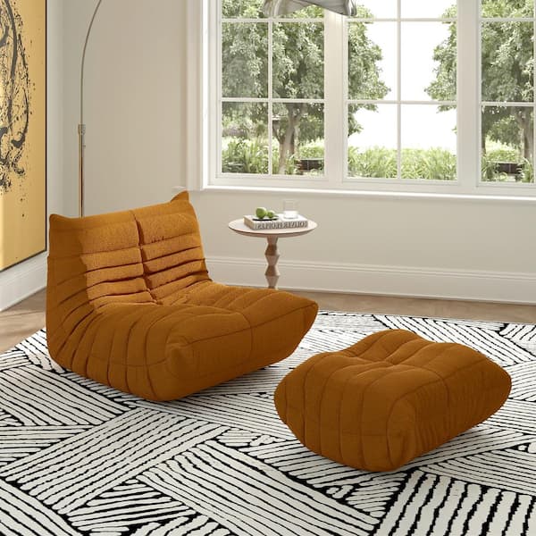 Magic Home Set of 2 Brown Teddy Velvet Polyester 34 in. Fireside Lazy Bean Bag Chair Rebound Sponge Lounge Floor Sofa with Ottoman