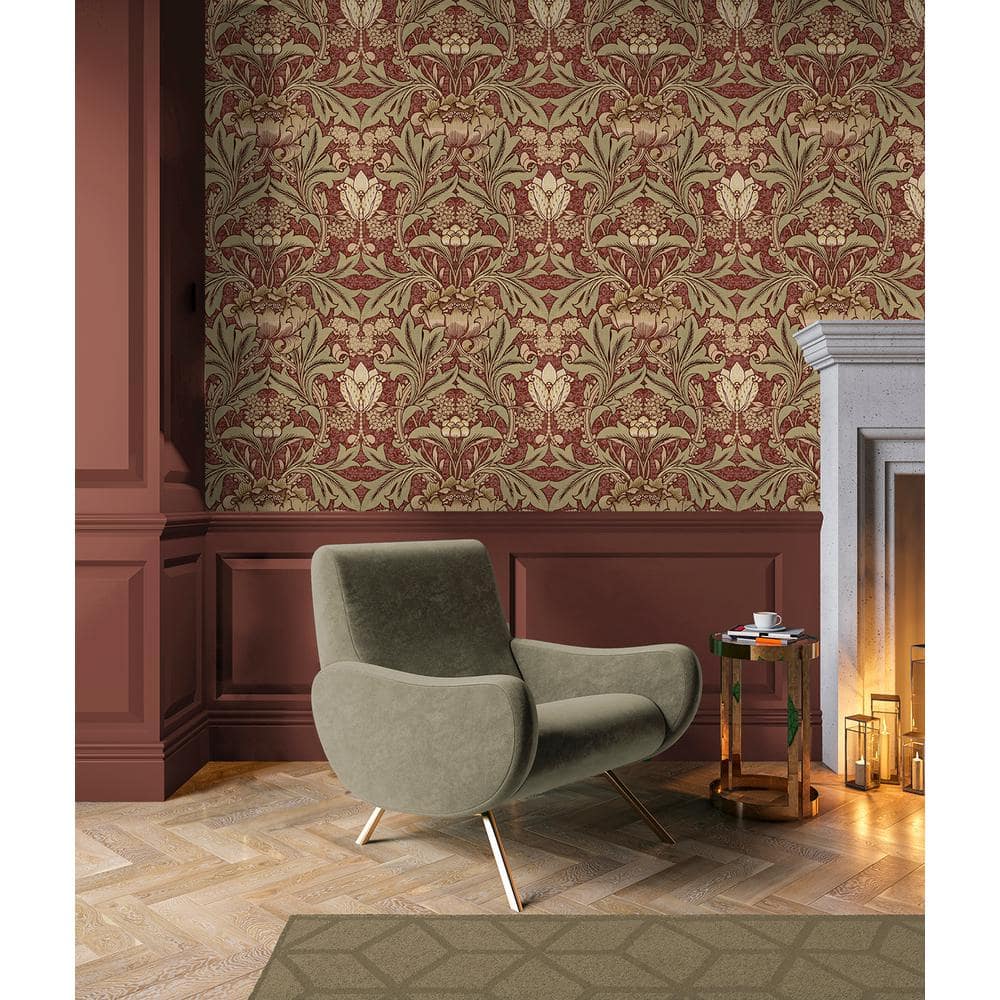 Red Clay and Lichen Floral Pre-Pasted Washable Wallpaper Roll