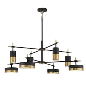Ashor 42 in. W x 15 in. H 8-Light Matte Black with Warm Brass Accents Integrated LED Chandelier with Crushed Crystal