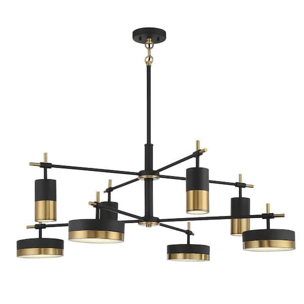 Savoy House Ashor 42 in. W x 15 in. H 8-Light Matte Black with Warm Brass Accents Integrated LED Chandelier with Crushed Crystal