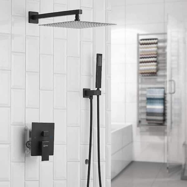 12 Inch Shower System Matte Black Rain Shower Faucet Set Valve and Trim Include Wall Mounted Rain Mixer Shower Combo Set with High Pressure Rainfall Shower Head System
