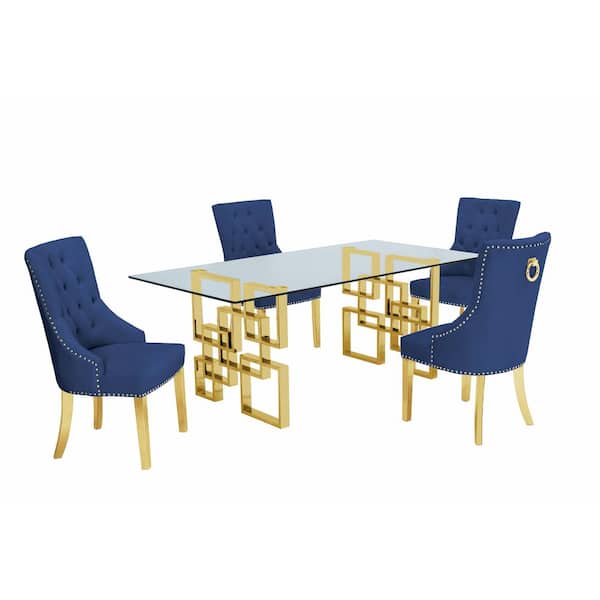 Best Quality Furniture Dominga 5-Piece Glass Top with Stainless Steel and Set with 4-Navy Blue Velvet Chairs
