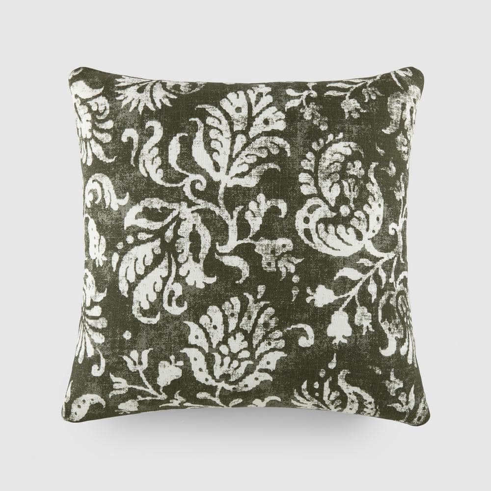 Olive Green Cotton Square Throw Pillow with Floral Pattern