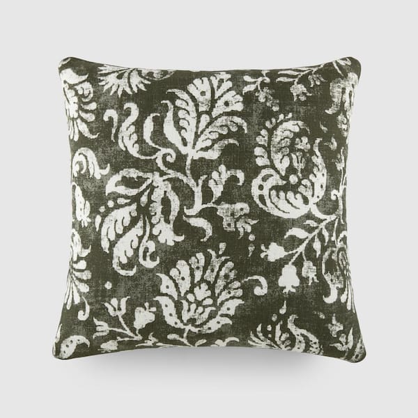 Becky Cameron Distressed Floral Olive Elegant Patterns Cotton 20 in. x 20 in. Decor Throw Pillow