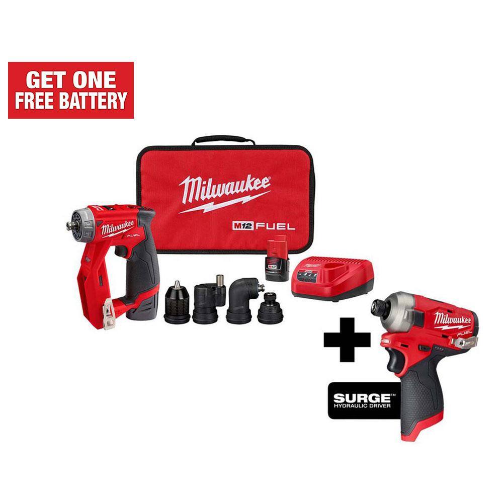 Milwaukee M12 FUEL 12V Lithium-Ion Brushless Cordless 4-in-1 Installation 3/8in. Drill Driver & SURGE Impact Driver Combo Kit -  2505-22-2551X