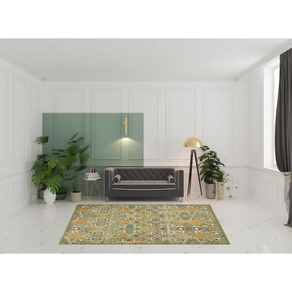 7' X 10' Green Floral Power Loom Area Rug