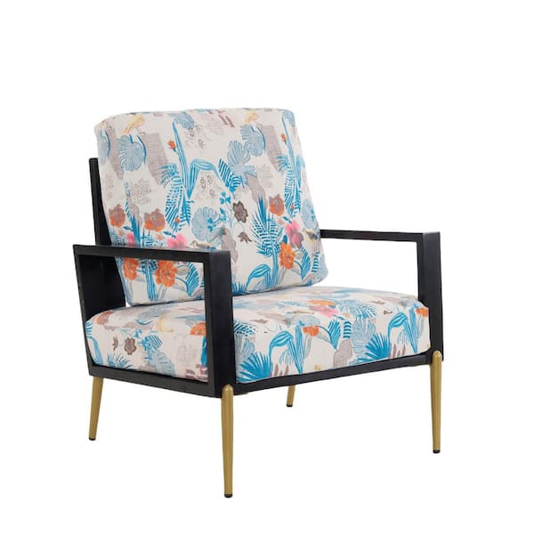 Blue Retro Rubberwood Frame Low Back Floral Print Velvet Accent Armchair with Gold Metal Legs and Pillow Back