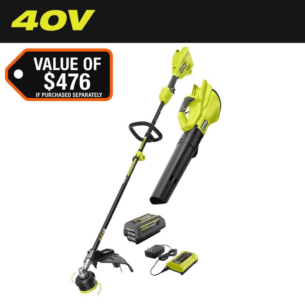 RYOBI 40V Cordless Attachment Capable 15" String Trimmer & 550 CFM 120 MPH Blower Combo Kit with 4.0 Ah Battery & Charger RY40CK201K