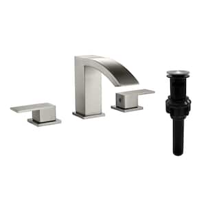8 in. Widespread Double-Handle Brass Waterfall Bathroom Sink Faucet with Pop-up Drain Assembly in Brushed Nickel