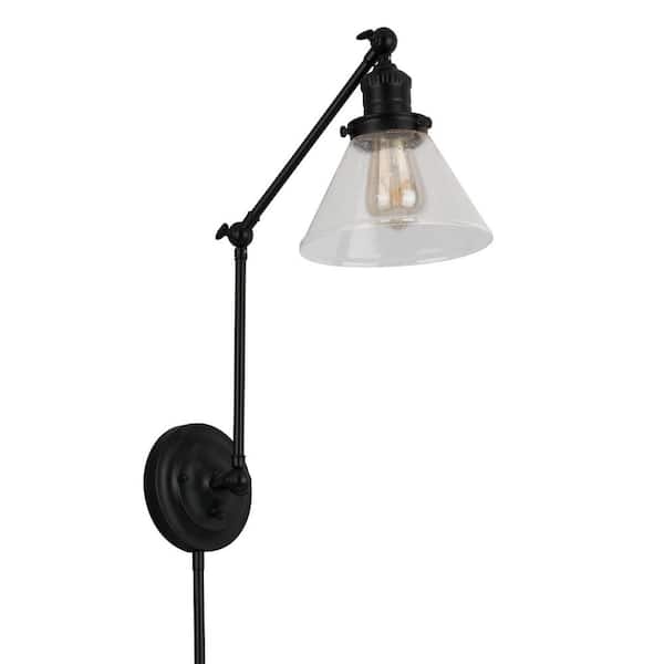 Cavell 1-Light Matte Black Plug-In Swing Arm Wall Lamp with Clear Glass Shade and 6 ft. Cord