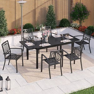 Black 7-Piece Metal Outdoor Patio Dining Set with Geometric Extendable Table and Fashion Stackable Chairs