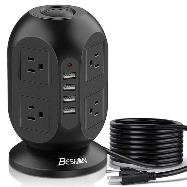 Etokfoks 8-Outlet Power Strip Tower Surge Protector with 4 USB Ports Charging Station in Black
