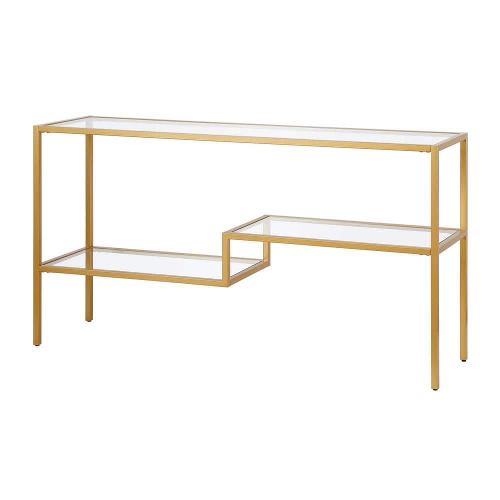 Evelyn&Zoe Lovett Modern Brushed Gold Console Table with Tempered Glass Shelves