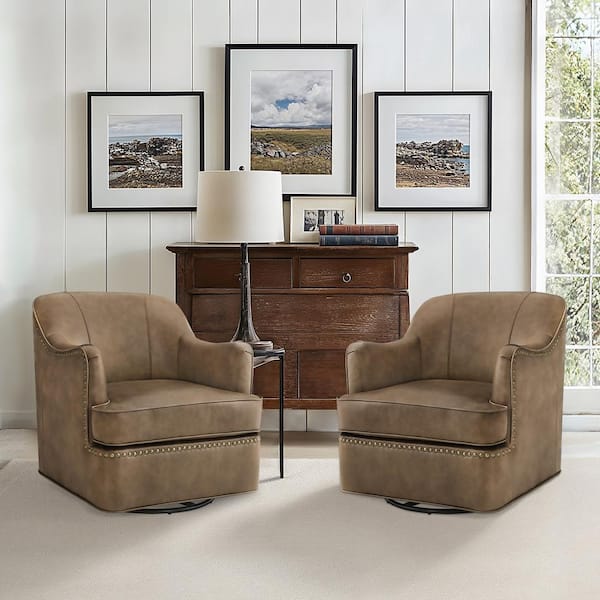 Fazio Grayish Brown Genuine Leather Modern Curved Back 360° Swivel Accent Arm Chair with Metal Base (Set of 2)