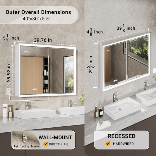 Anglora 40 in. W x 30 in. H LED Beveled Edge Rectangular Aluminum Recessed/Surface Wall Medicine Cabinet with Mirror