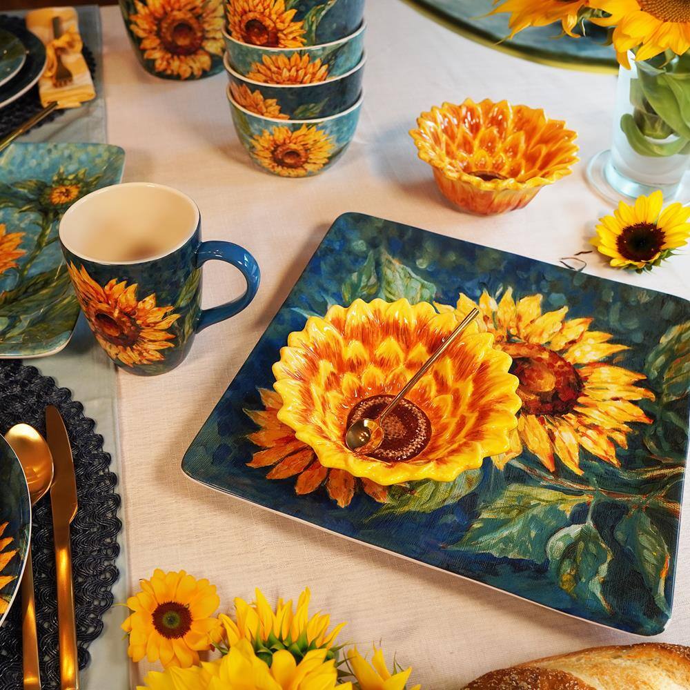 Golden Sunflower Blue Ceramic Soup and Salad Bowls Set