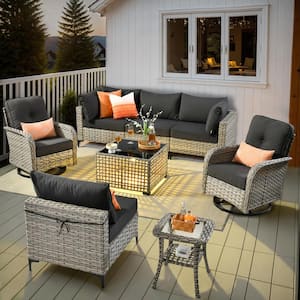 Vinceny Gray 8-Piece Wicker Patio Conversation Set with Black Cushions and Swivel Chairs