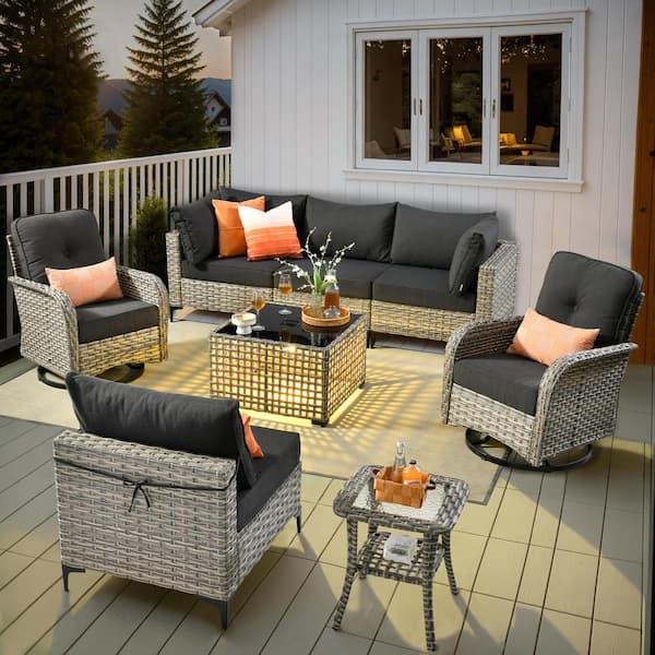 OVIOS Vinceny Gray 8-Piece Wicker Patio Conversation Set with Black Cushions and Swivel Chairs