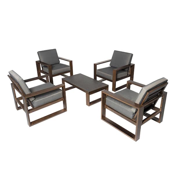 PATIOPTION 5-Piece Aluminum Outdoor Sectional Set Coffee Table, Armchair, with Gray 5.5 IN Cushions - 4-Armchair