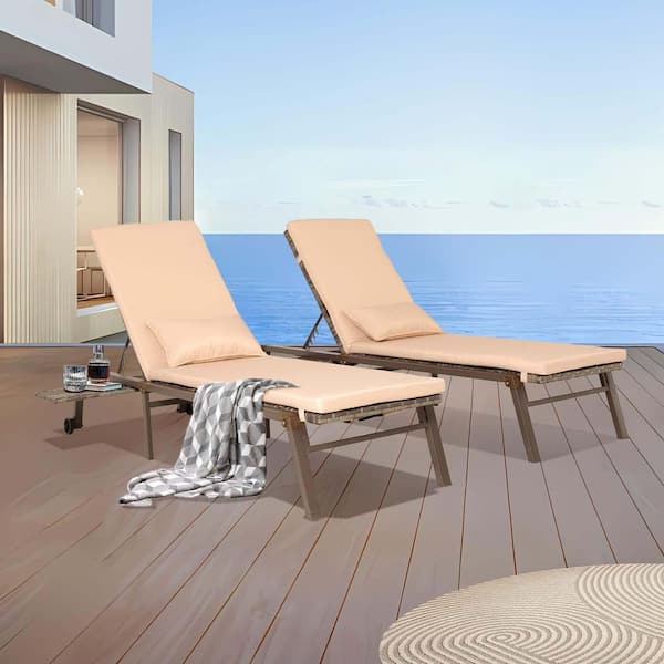 Zeus & Ruta Gray Wicker Outdoor Chaise Lounge with Khaki Cushions, Wheels Adjustable Backrest 5-Position Sunbathing Chair (Set of 2)