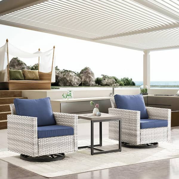 Gymojoy Valenta Light Gray 3-Piece Wicker Patio Conversation Set with Blue Cushions
