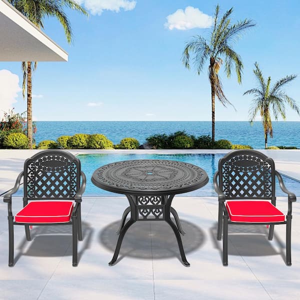 Willit Isabella Black 3-Piece Cast Aluminum Outdoor Dining Set with Round Table and Dining Chairs and Random Color Seat Cushion