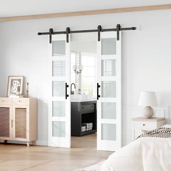 36 in. x 84 in. (Double 18 in. Doors) 5 Lite Frosted Glass White Finished MDF Sliding Barn Door with Hardware Kit