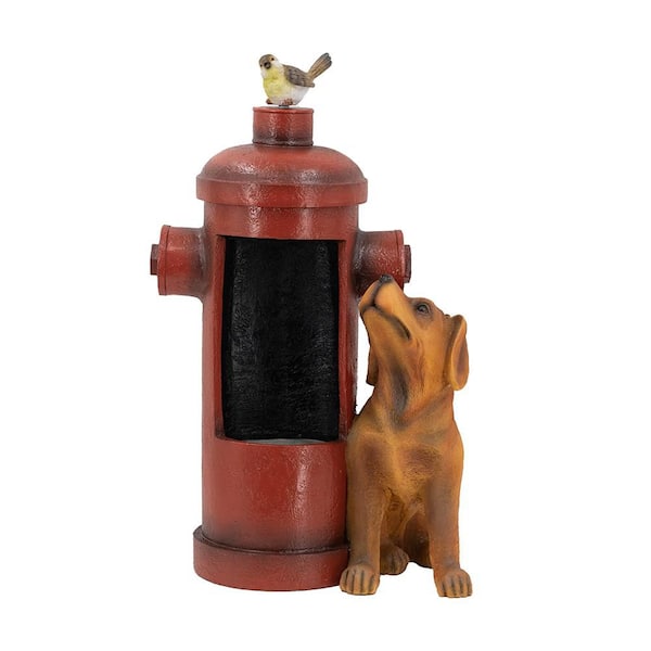 16 in. x 11 in. x 27 in. Red Fire Hydrant Waterfall Fountain with Dog and Bird Accents, Light for Outdoor