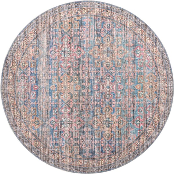 Nostalgia Bliss Antique Blue 8 ft. Round Machine Washable Area Rug