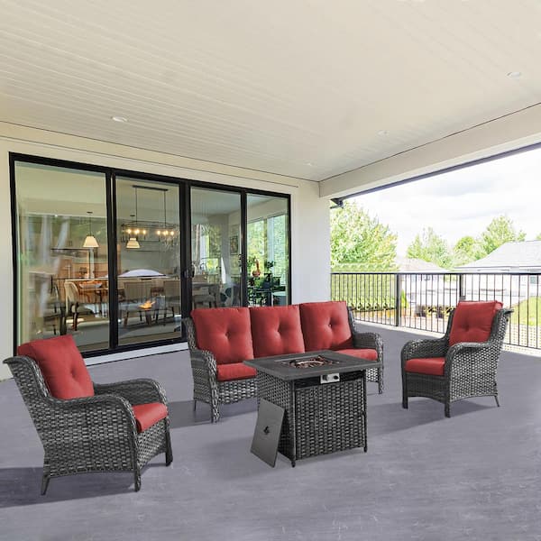 ArcoBay 4-Piece Gray Wicker Patio Square Fire Pit Conversation Set with Red Cushions and Sofa Set