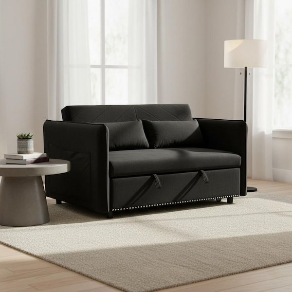 JTBJBL 55 in. Modern Convertible Sofa Bed with Storage, Adjustable Backrest, in Jet Black Velvet