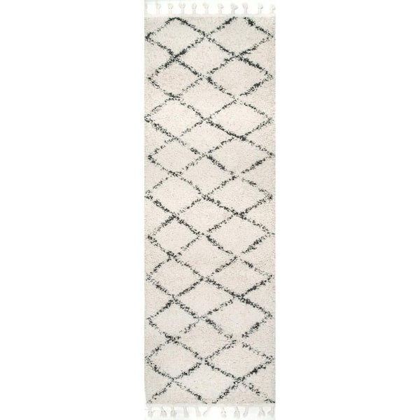 nuLOOM Jessie Moroccan Lattice Shag Off-White 3 ft. x 18 ft. Runner Rug