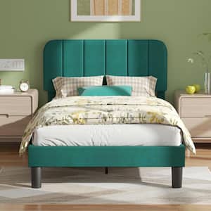 Upholstered Bed Frame, Twin Platform Bed Frame with Adjustable Headboard, Strong Wooden Slats Support, Green
